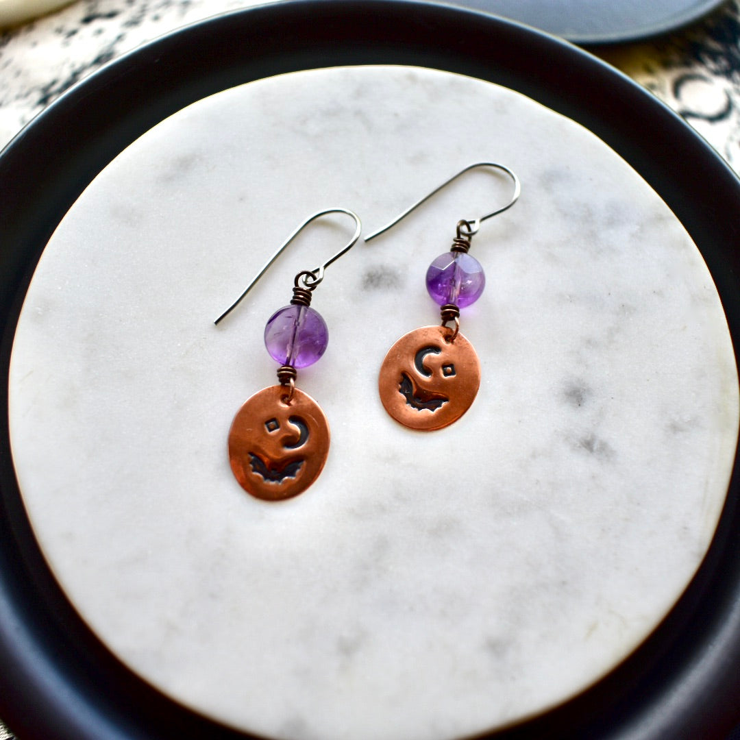 It's Frickin' Bats! Hand-stamped Bat + Gemstone Earrings