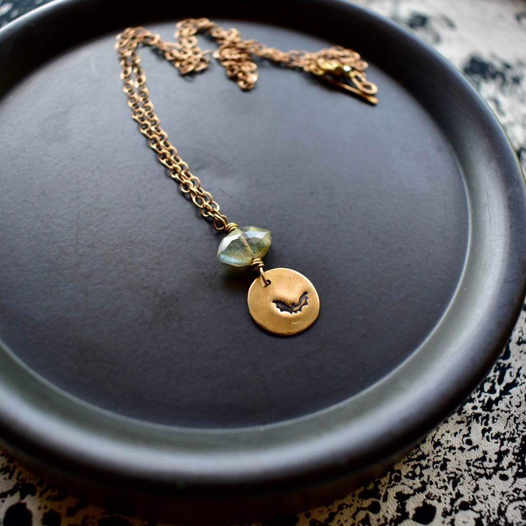 Brass Elements: Labradorite Bat Earrings & Necklace