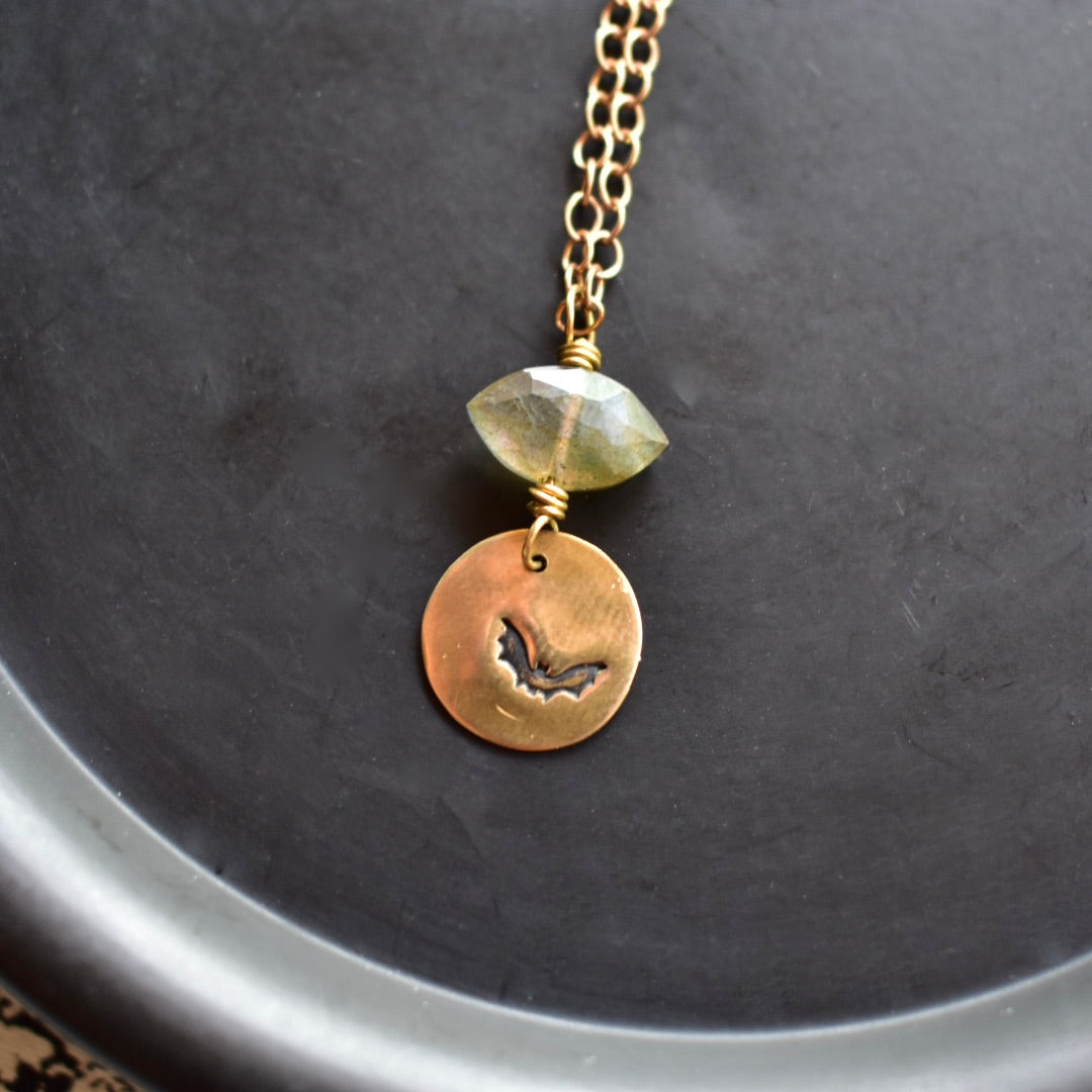 Brass Elements: Labradorite Bat Earrings & Necklace