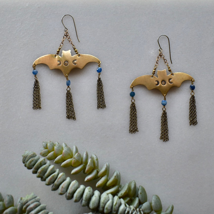 Brass Elements: Blue Kyanite Bat Earrings