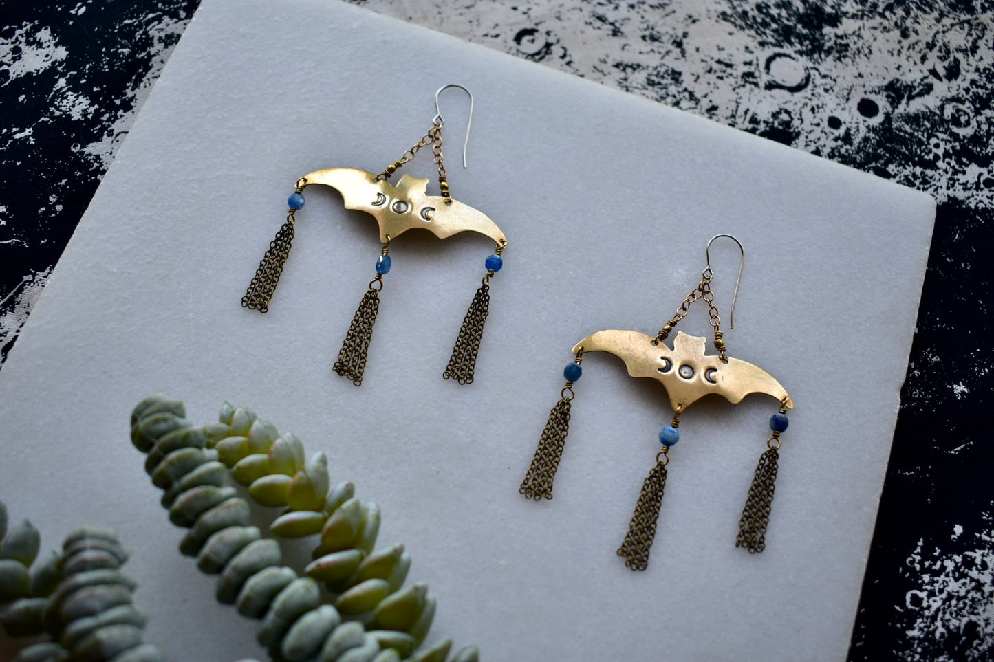 Brass Elements: Blue Kyanite Bat Earrings