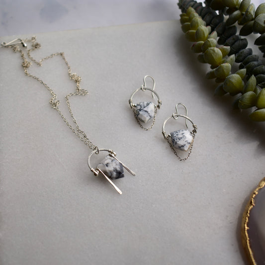 Hammered Hoops: Dendrite Opal + Silver Necklace & Earrings