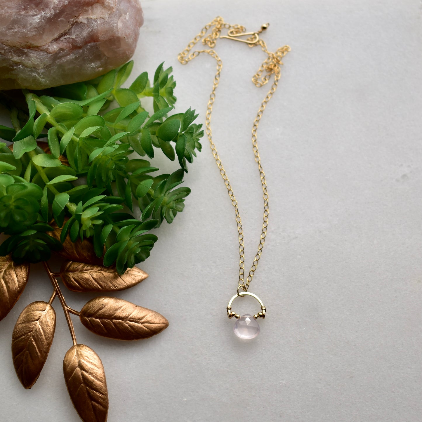 Hammered Hoops: Rose Quartz + Gold Necklace