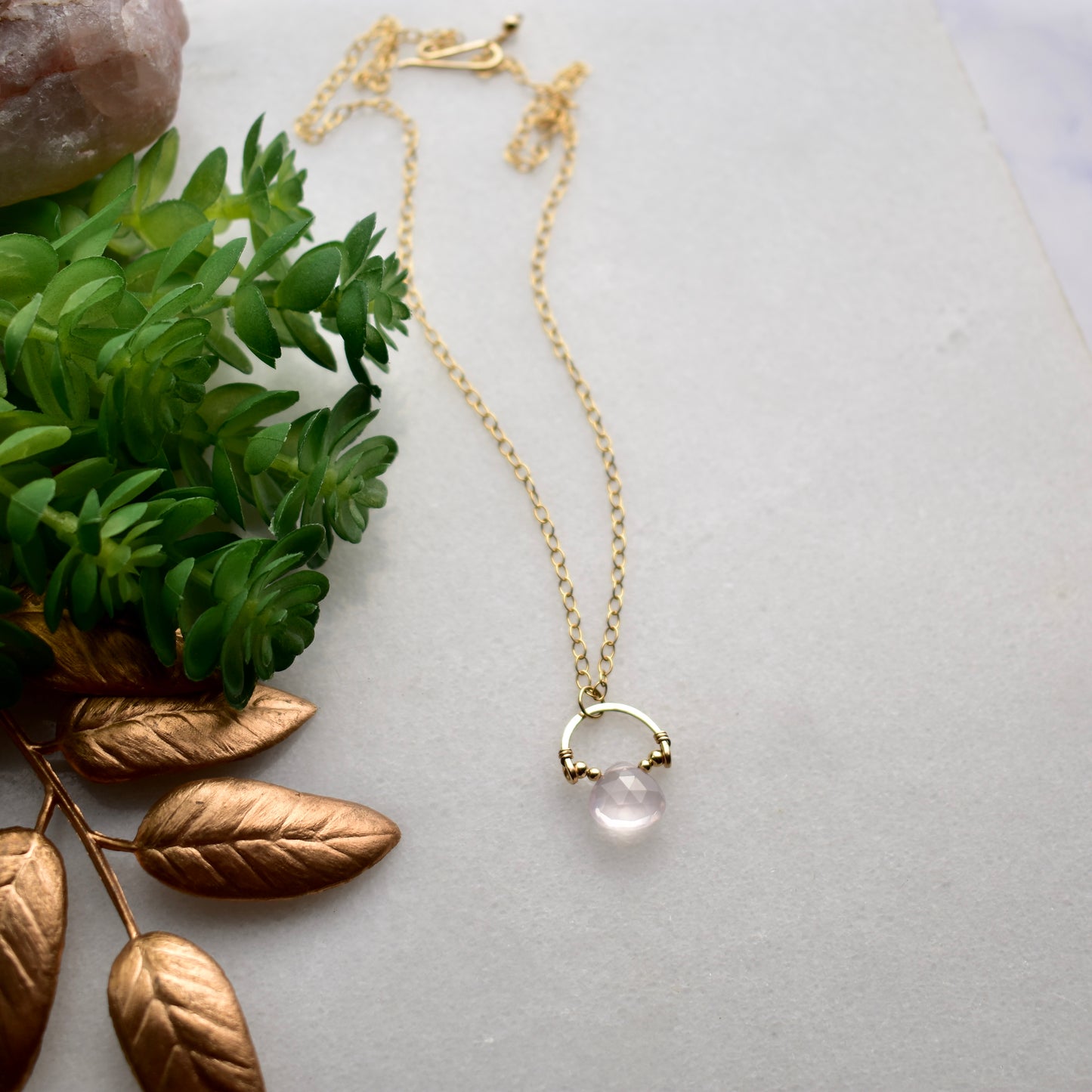 Hammered Hoops: Rose Quartz + Gold Necklace