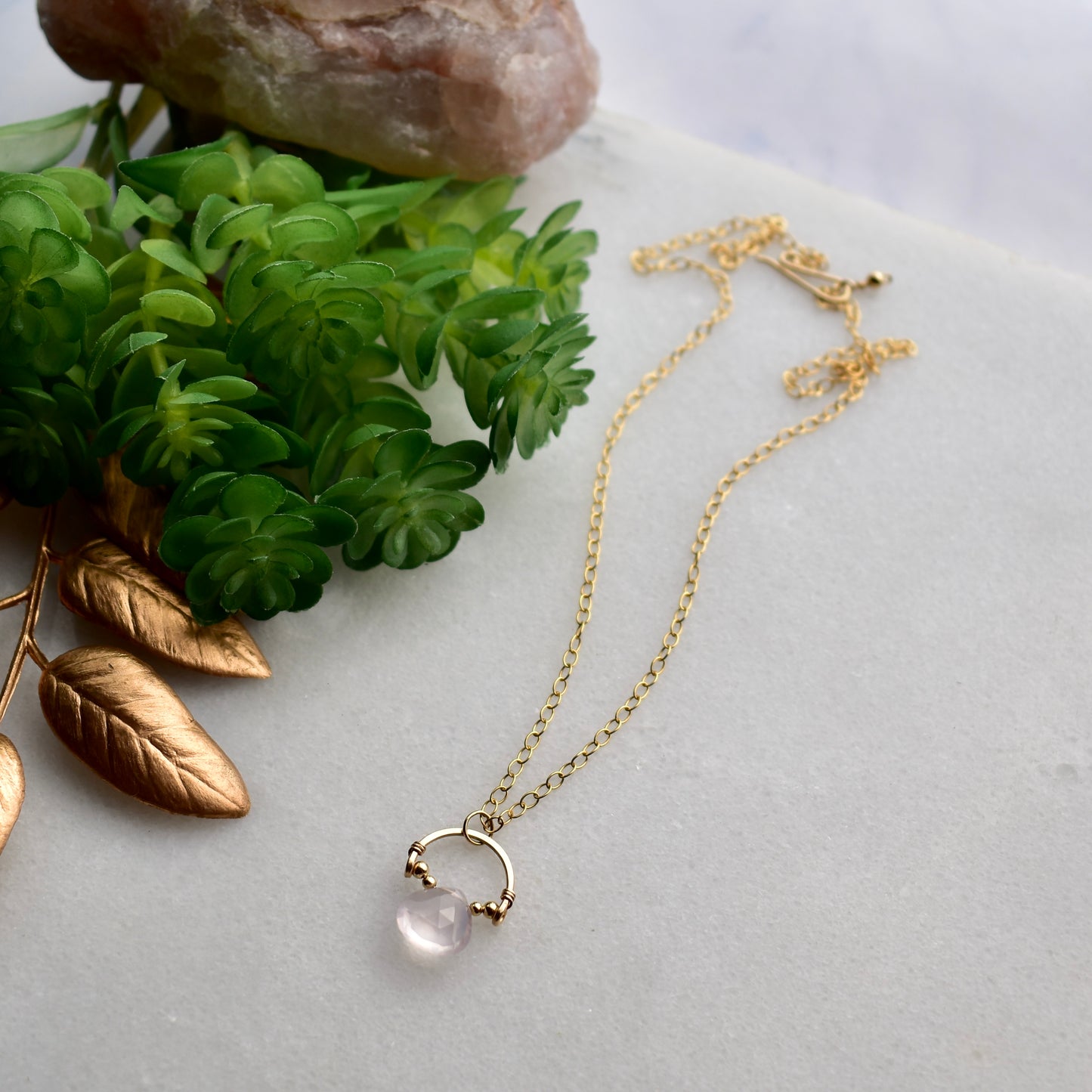 Hammered Hoops: Rose Quartz + Gold Necklace