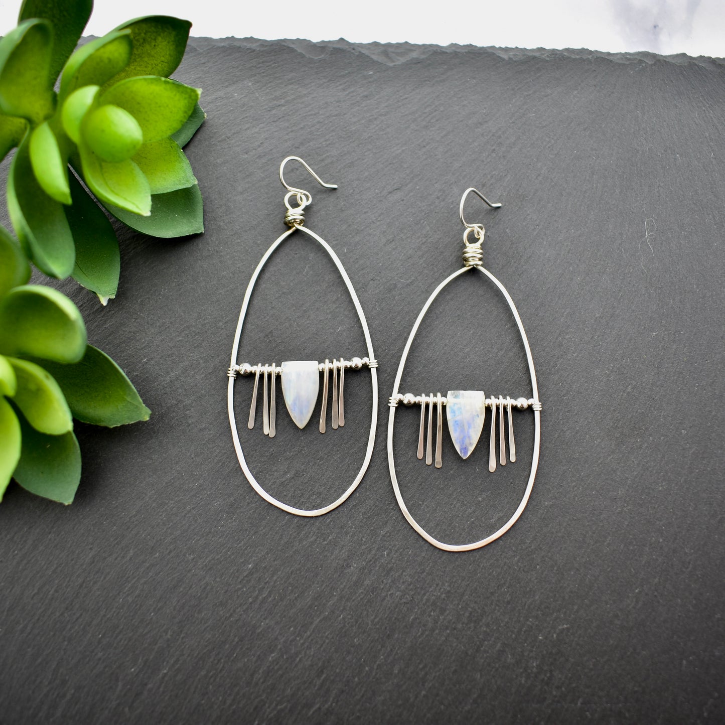 Hammered Hoops: Moonstone + Silver Earrings