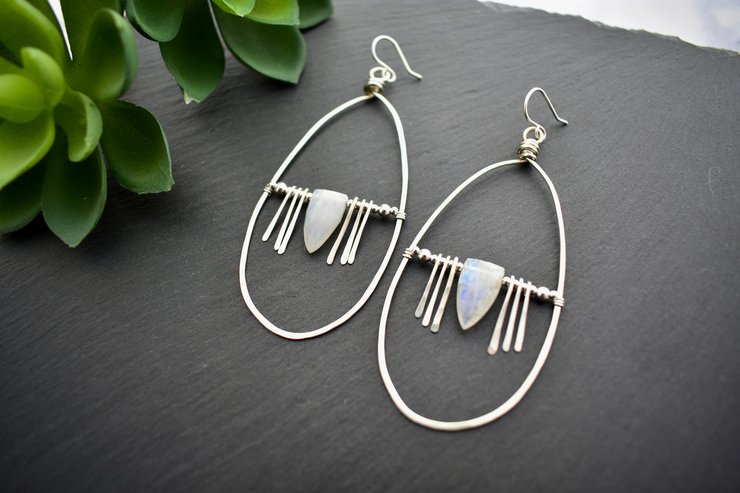 Hammered Hoops: Moonstone + Silver Earrings