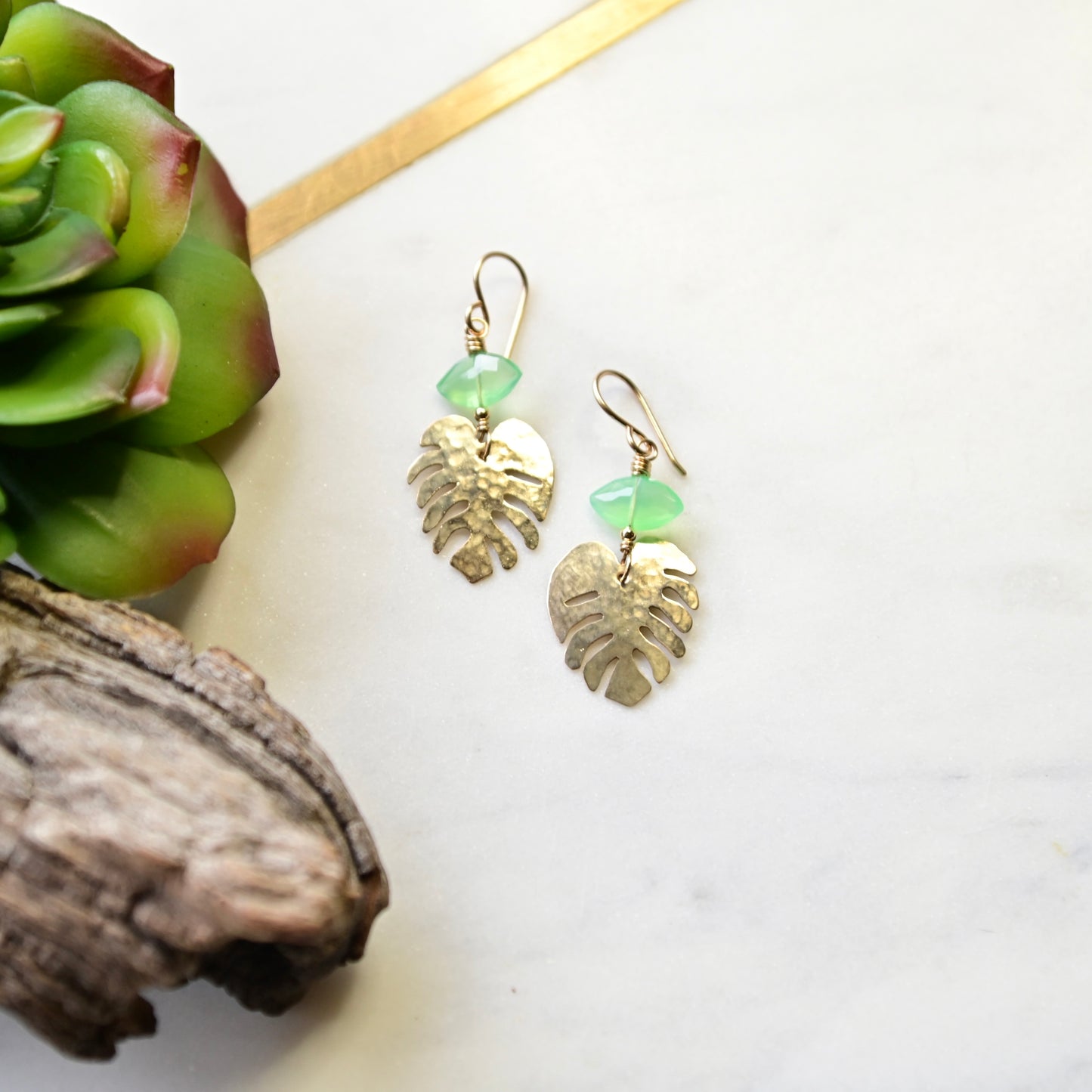 Gold Essentials: Green Chalcedony + Gold Monstera Earrings