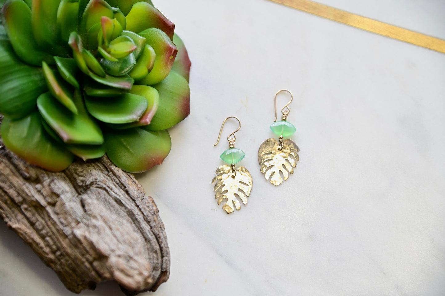 Gold Essentials: Green Chalcedony + Gold Monstera Earrings