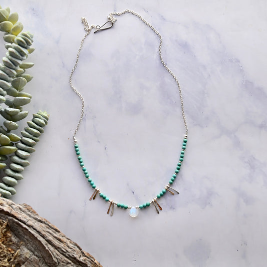 Sticks & Stones: Moonstone + Turquoise Necklace in Silver w/Gold