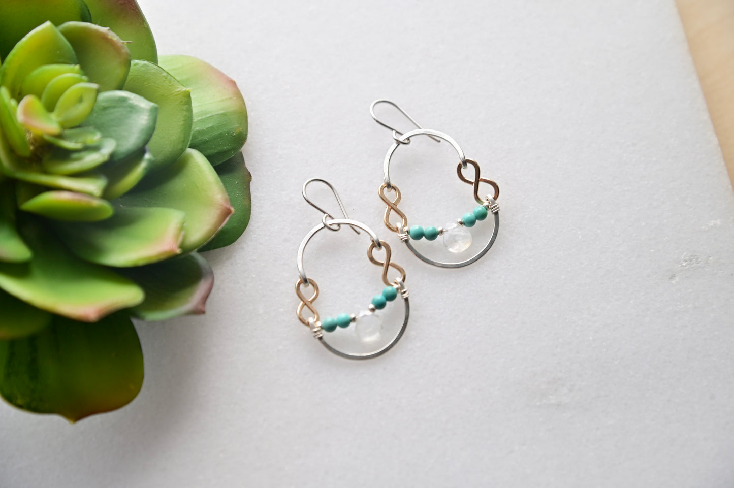 Hammered Hoops: Moonstone + Turquoise Earrings