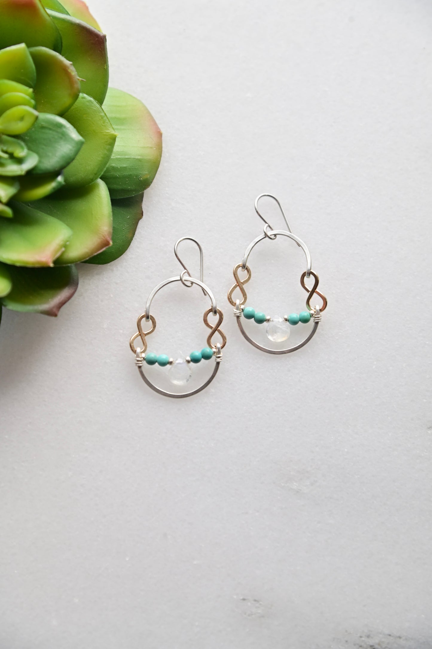 Hammered Hoops: Moonstone + Turquoise Earrings