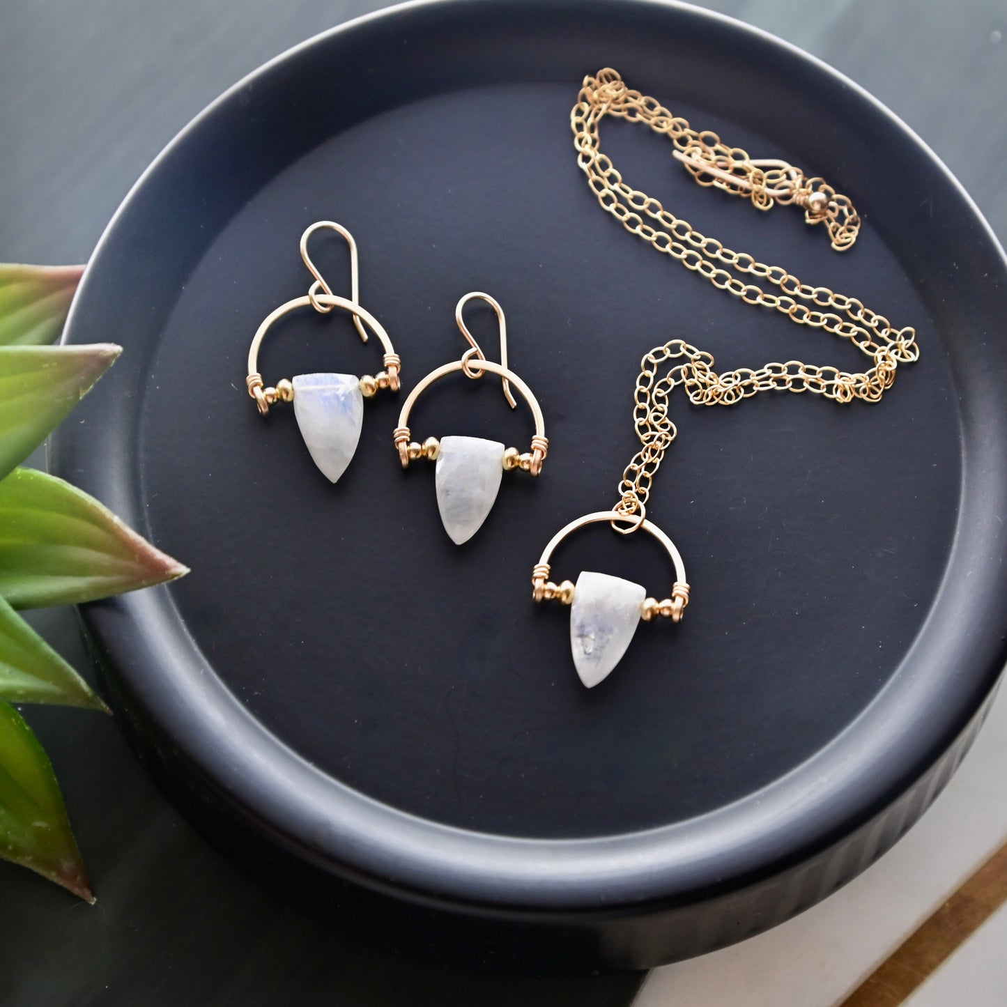 Hammered Hoops: Moonstone + Gold Necklace & Earrings