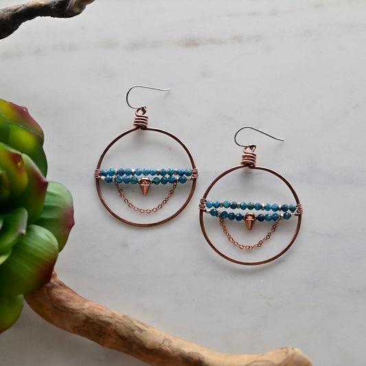 Hammered Hoops: Apatite + Copper Earrings