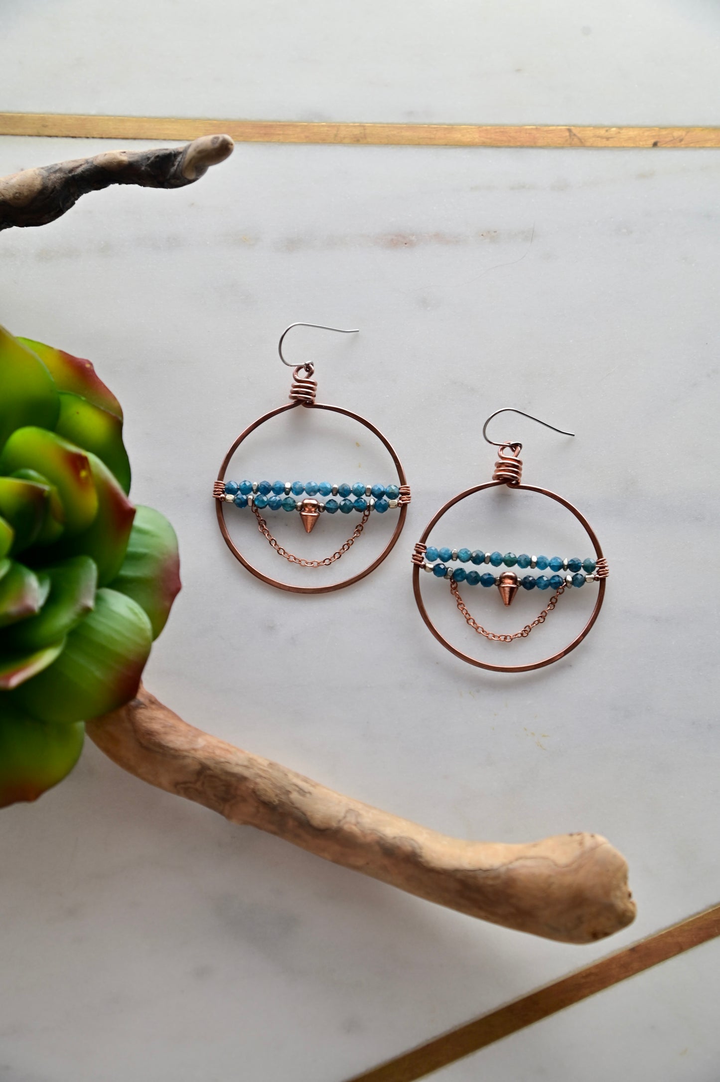 Hammered Hoops: Apatite + Copper Earrings