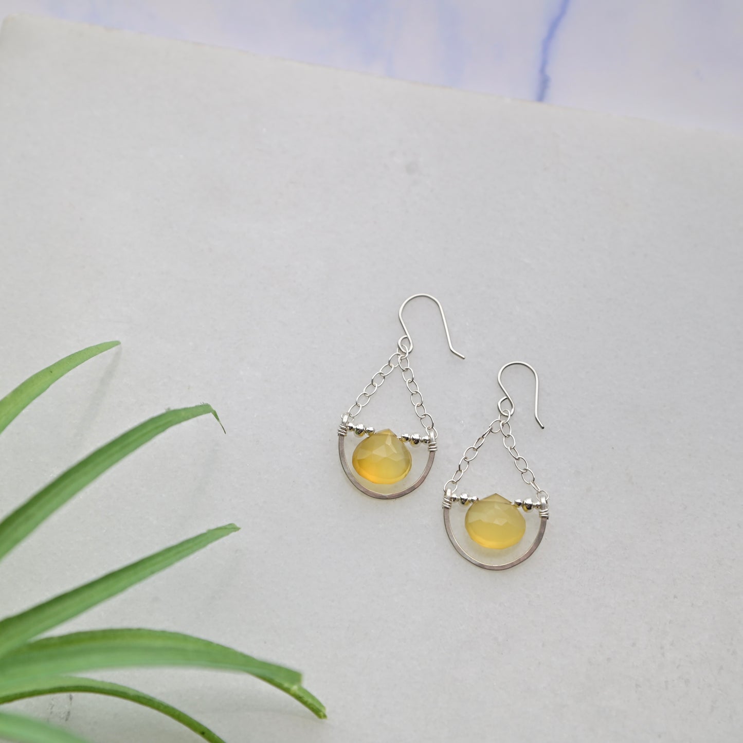 Hammered Hoops: Yellow Chalcedony + Silver Earrings