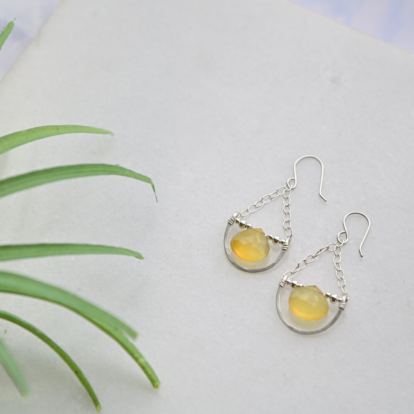 Hammered Hoops: Yellow Chalcedony + Silver Earrings