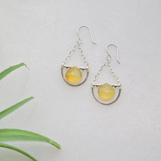 Hammered Hoops: Yellow Chalcedony + Silver Earrings