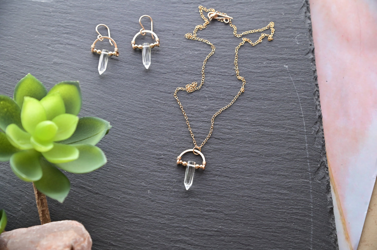 Hammered Hoops: Quartz Crystal + Gold Necklace & Earrings