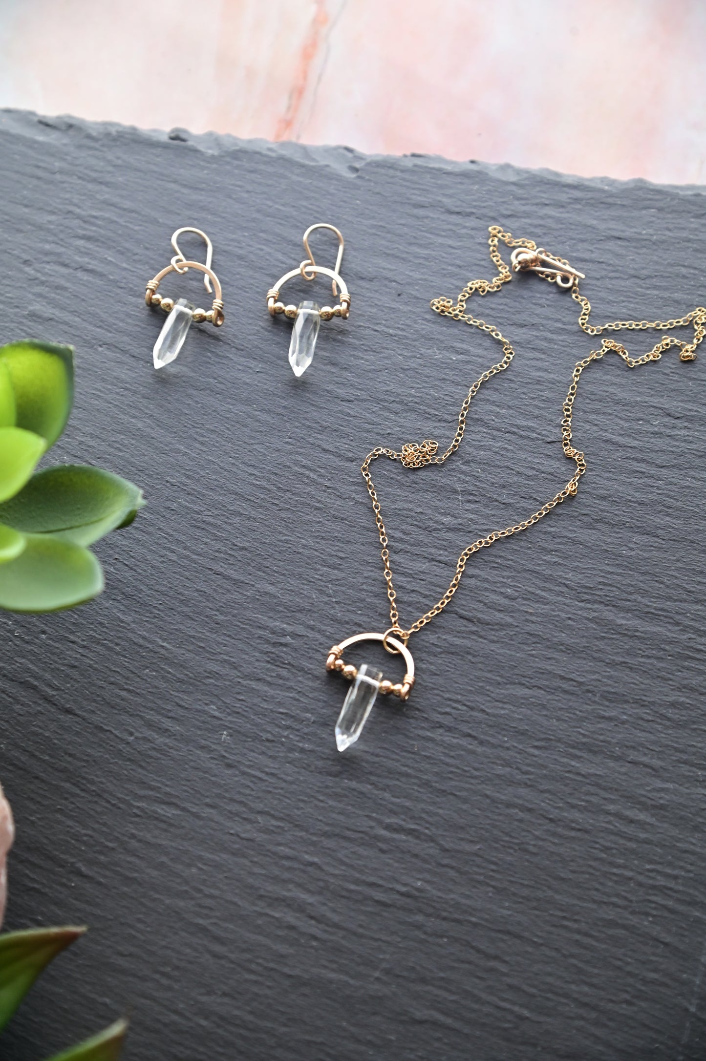 Hammered Hoops: Quartz Crystal + Gold Necklace & Earrings