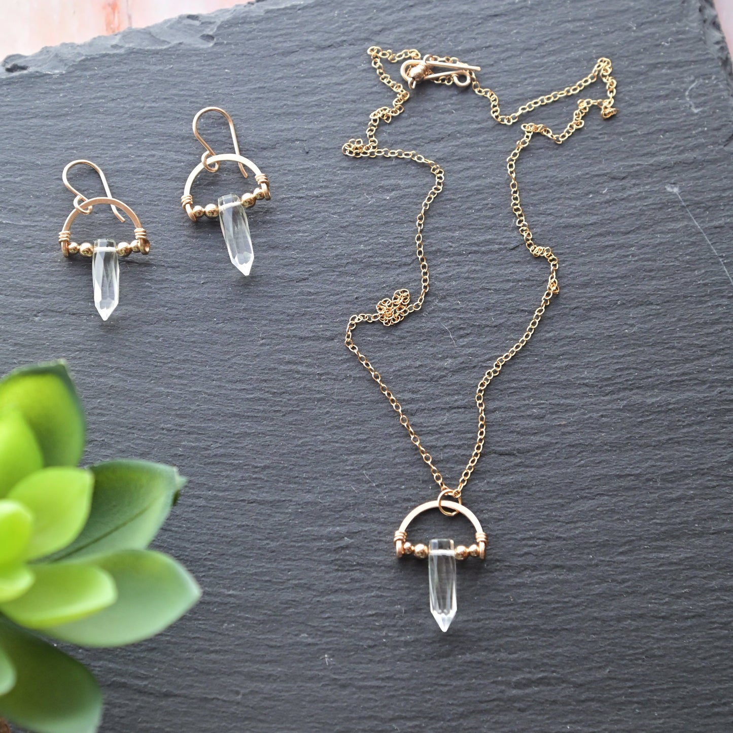 Hammered Hoops: Quartz Crystal + Gold Necklace & Earrings