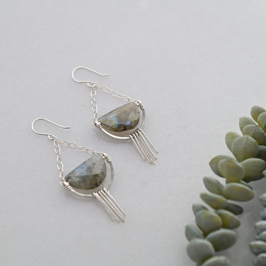 Hammered Hoops: Labradorite + Silver Earrings