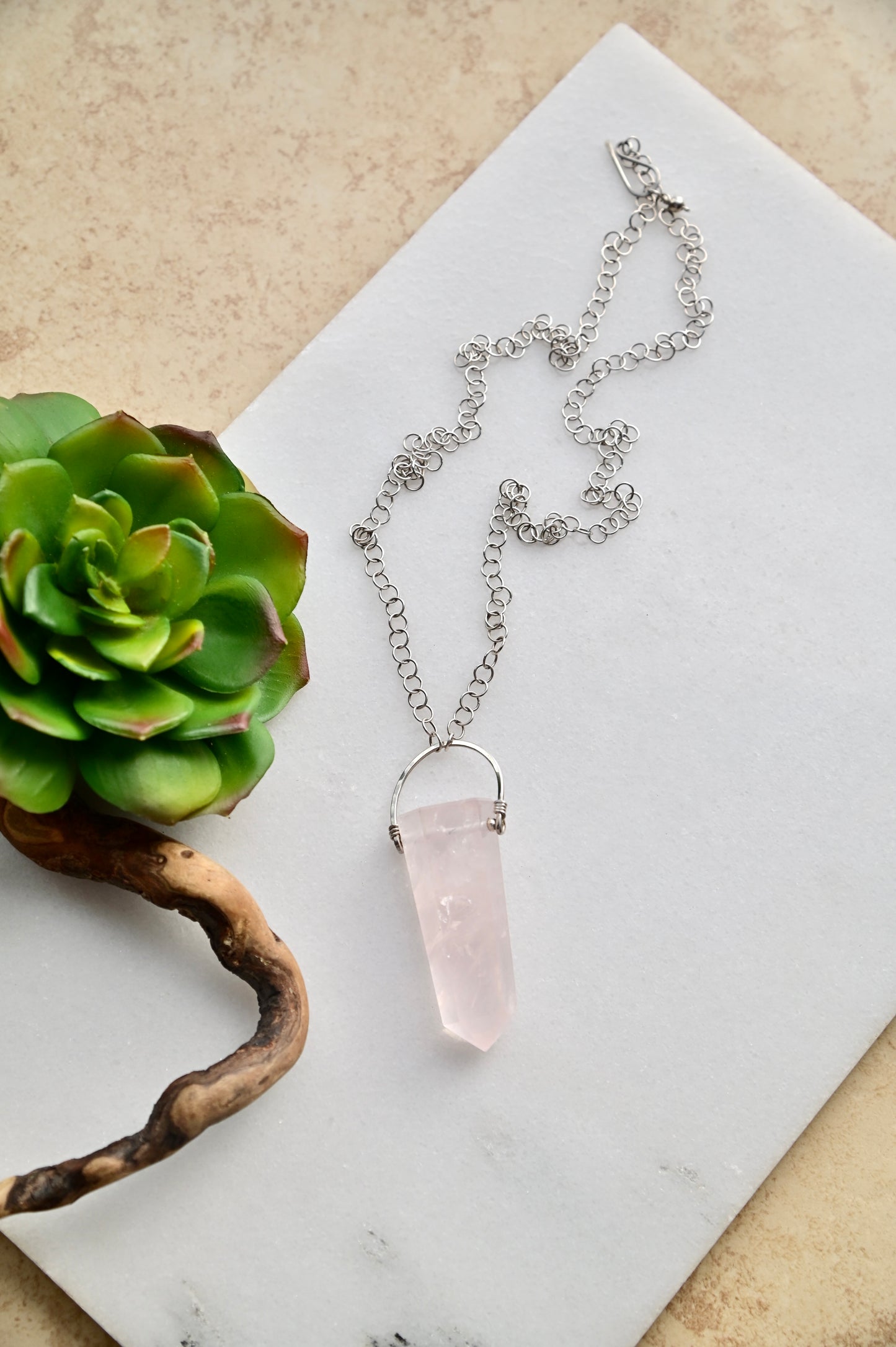 Hammered Hoops: Rose Quartz + Silver Necklace