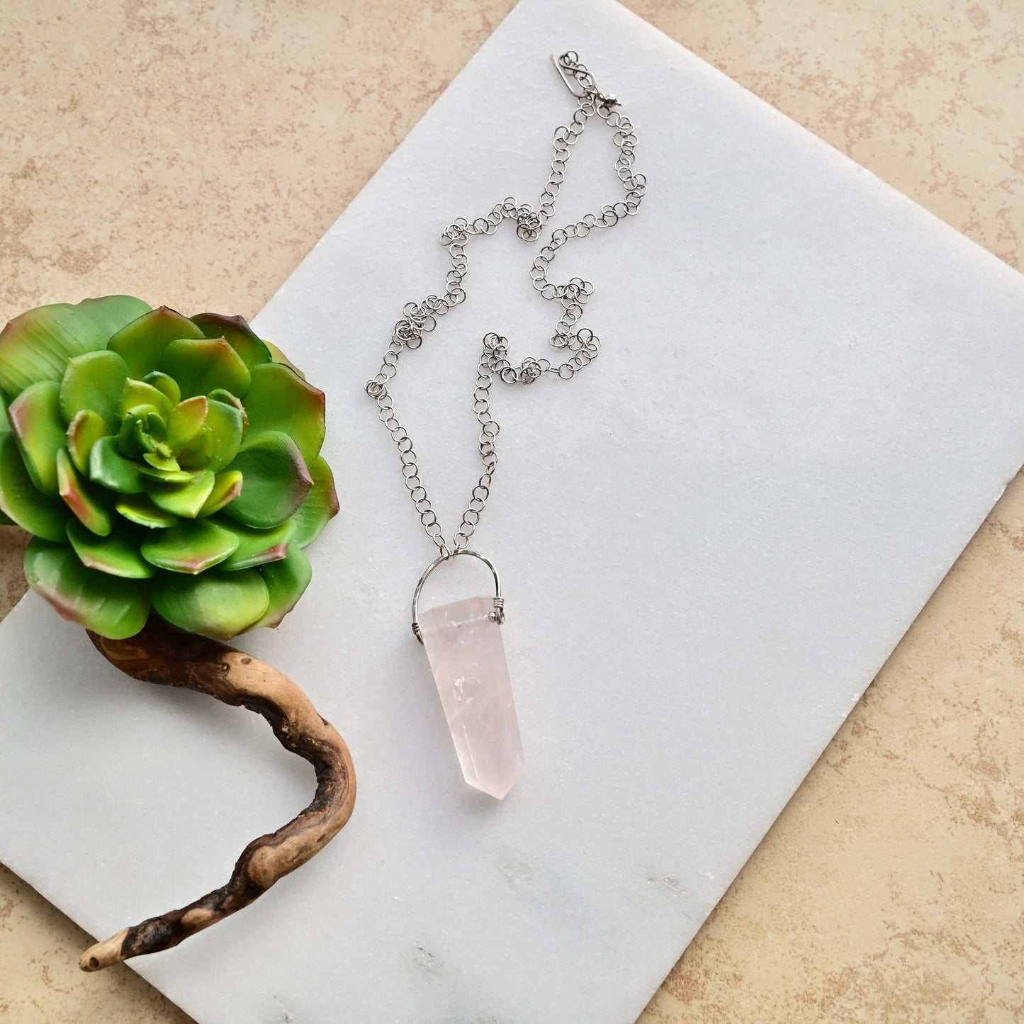 Hammered Hoops: Rose Quartz + Silver Necklace