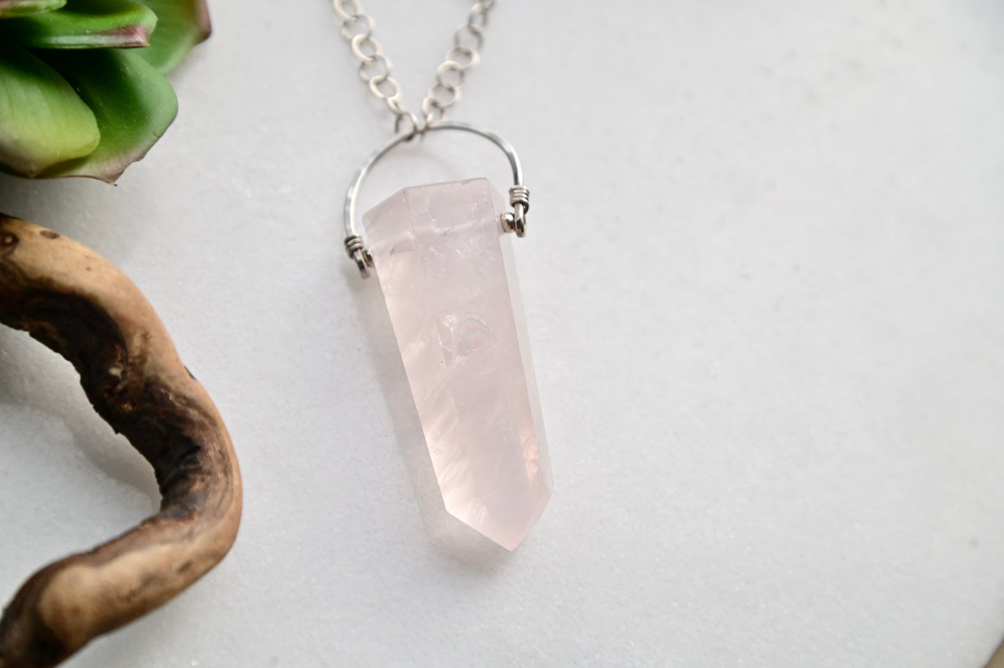 Hammered Hoops: Rose Quartz + Silver Necklace