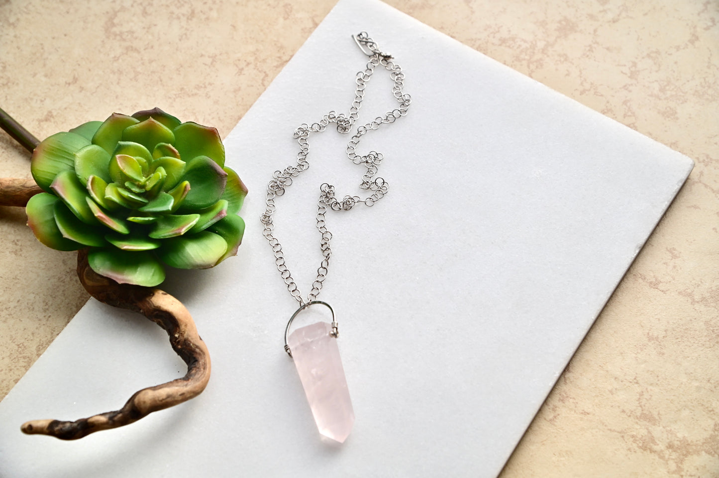 Hammered Hoops: Rose Quartz + Silver Necklace