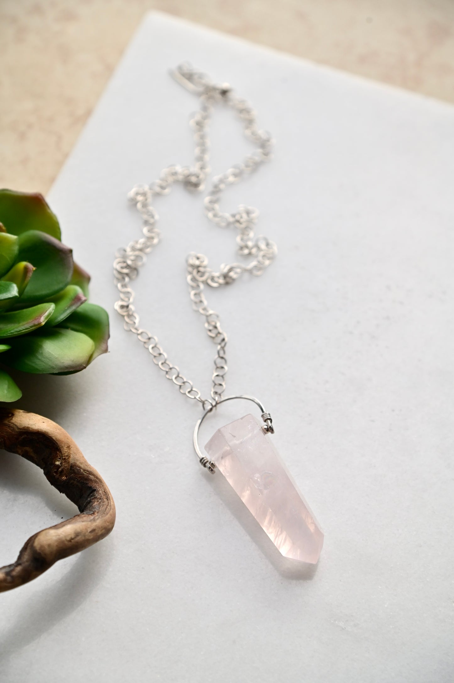 Hammered Hoops: Rose Quartz + Silver Necklace