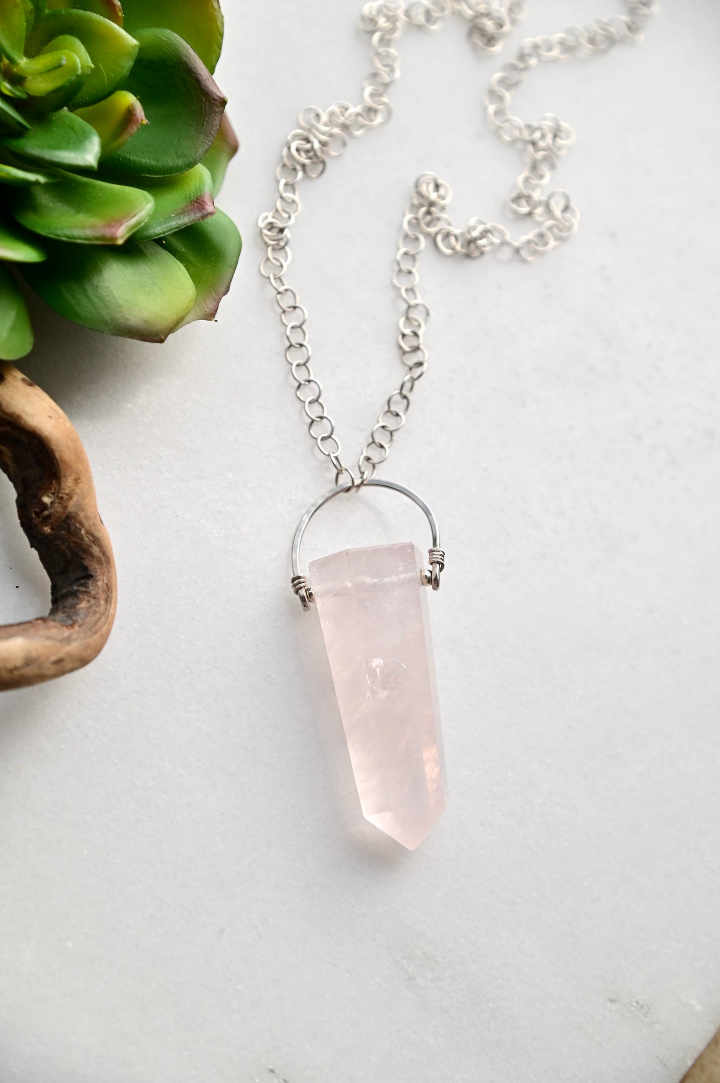 Hammered Hoops: Rose Quartz + Silver Necklace