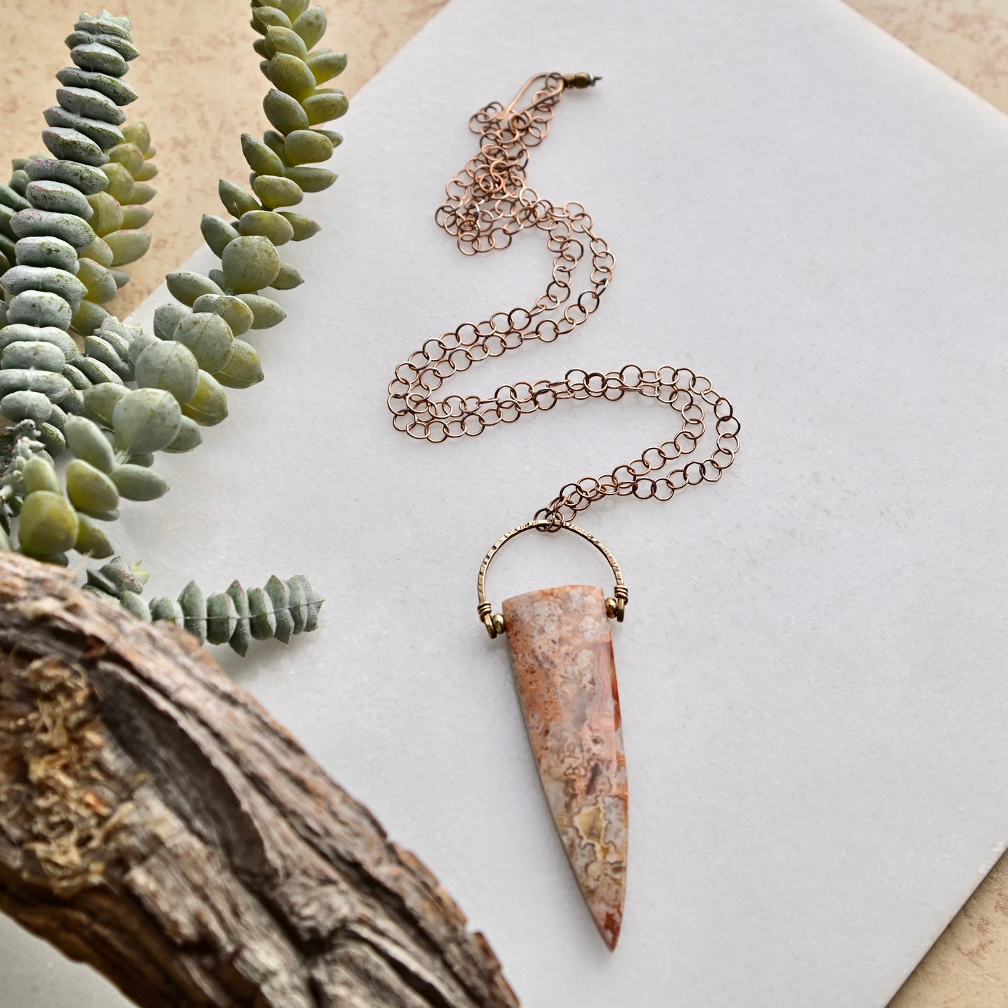 Hammered Hoops: Laguna Lace Agate + Brass Necklace