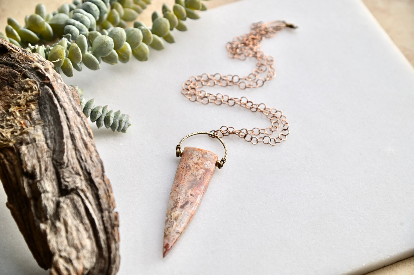 Hammered Hoops: Laguna Lace Agate + Brass Necklace