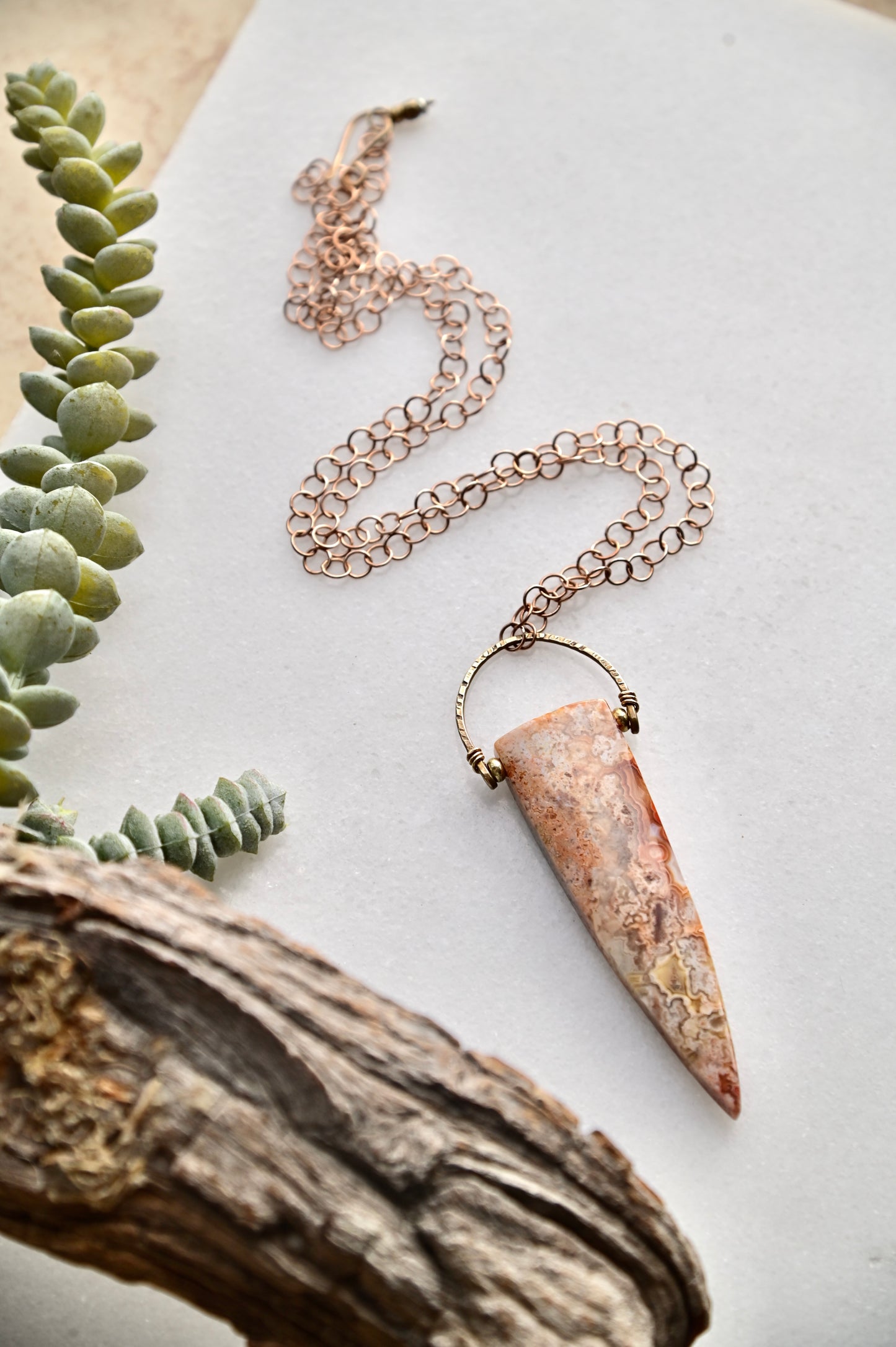 Hammered Hoops: Laguna Lace Agate + Brass Necklace