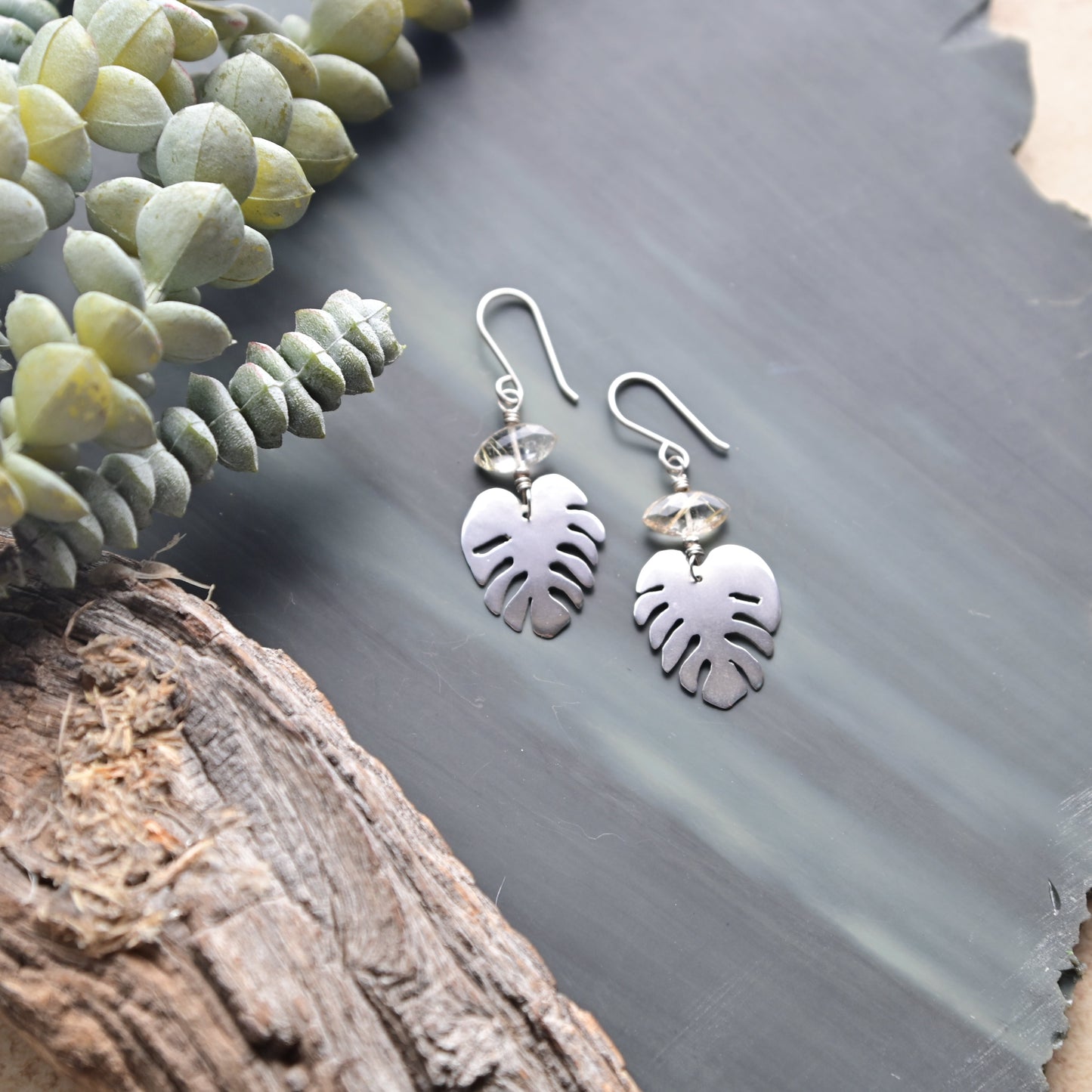 Silver Elements: Rutilated Quartz "Monstera" Earrings