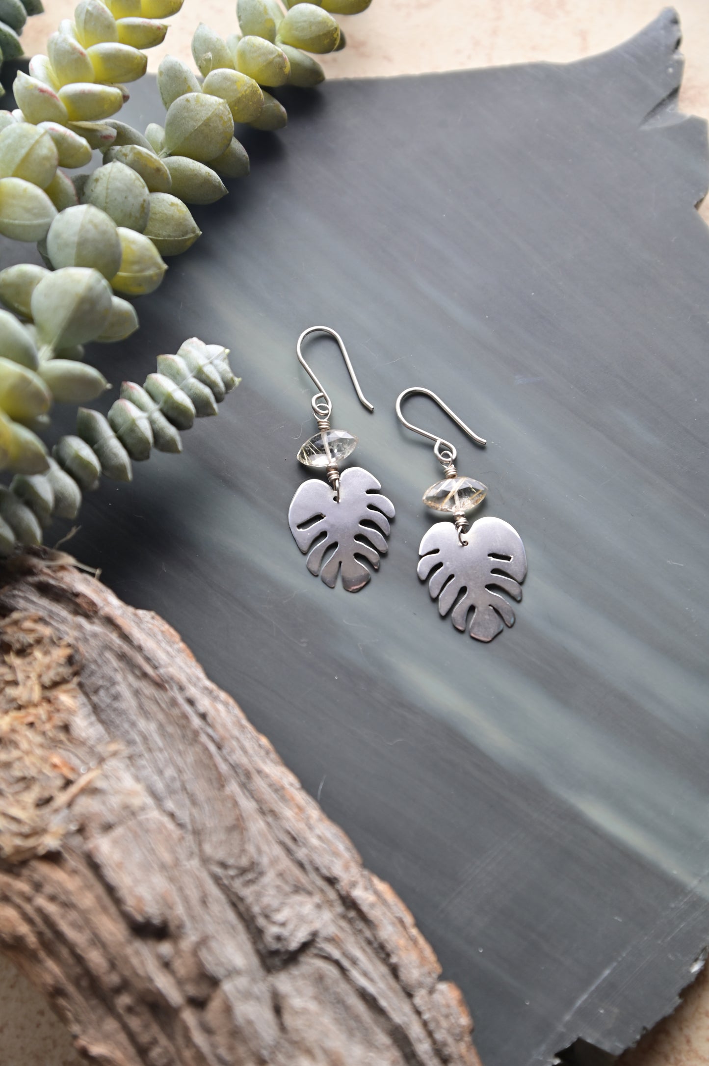 Silver Elements: Rutilated Quartz "Monstera" Earrings