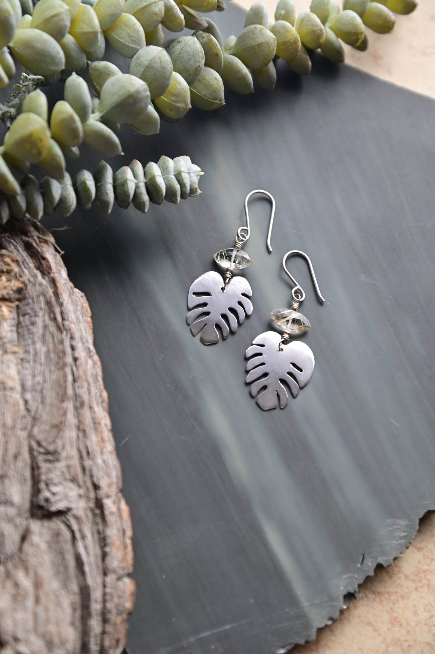 Silver Elements: Rutilated Quartz "Monstera" Earrings