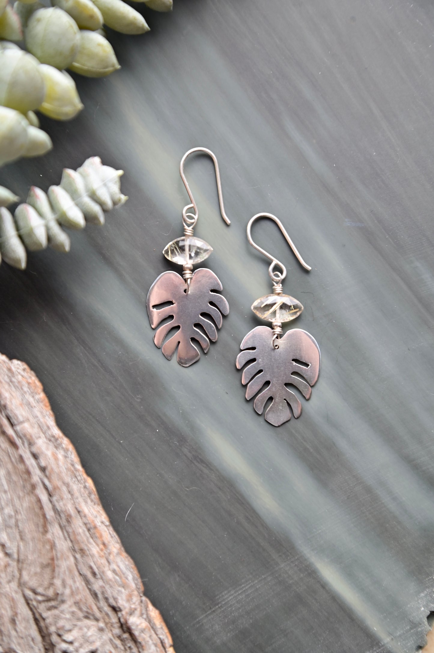 Silver Elements: Rutilated Quartz "Monstera" Earrings