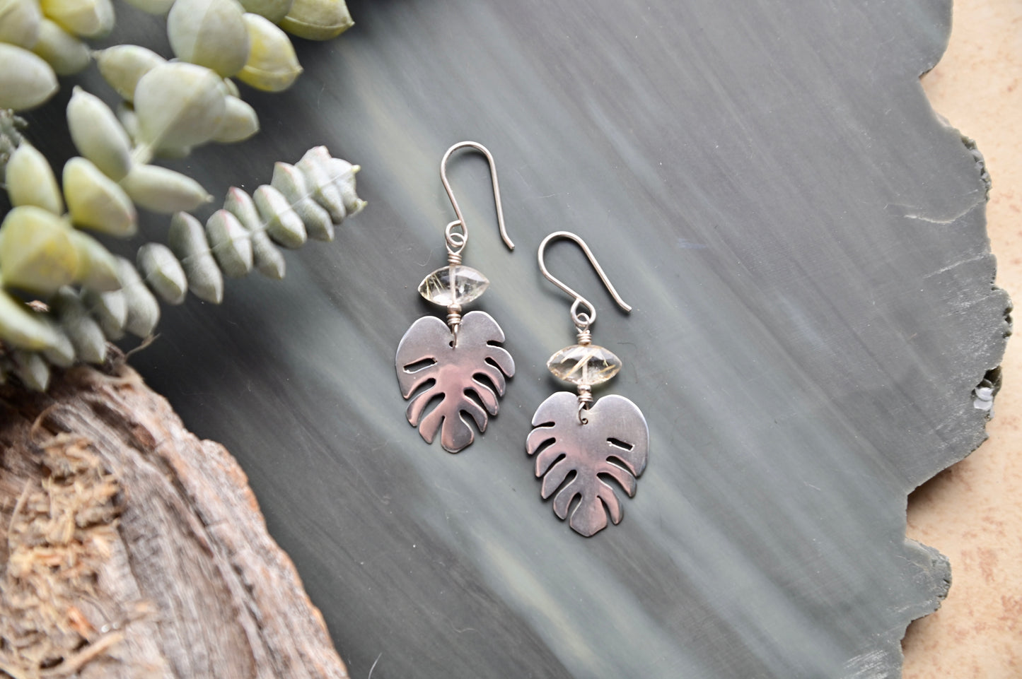 Silver Elements: Rutilated Quartz "Monstera" Earrings