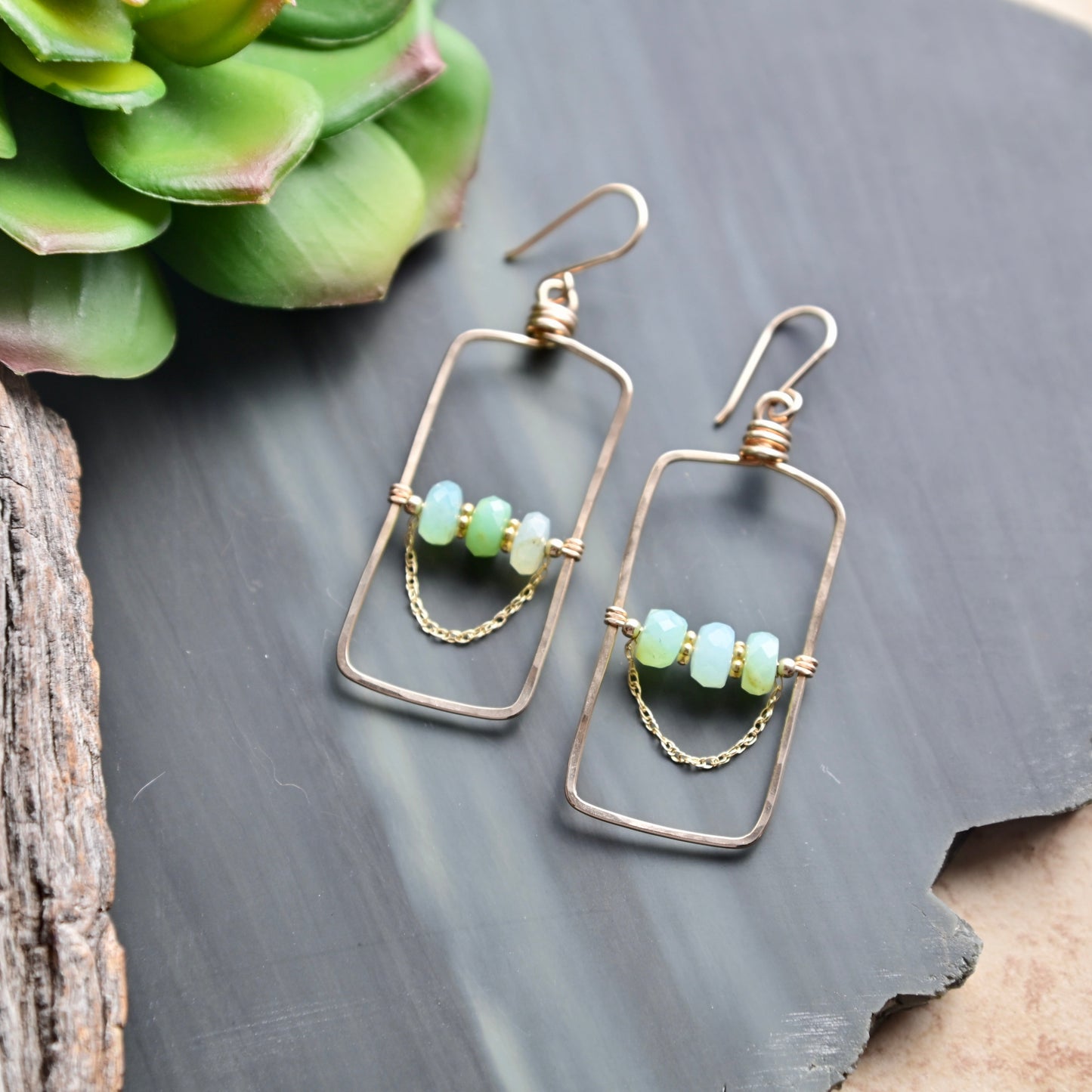 Hammered Hoops: Blue Opal + Gold Earrings