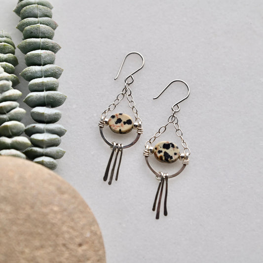 Hammered Hoops: Dalmatian Jasper + Silver Earrings