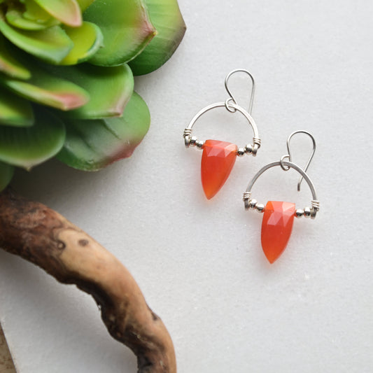 Hammered Hoops: Red Onyx + Silver Earrings