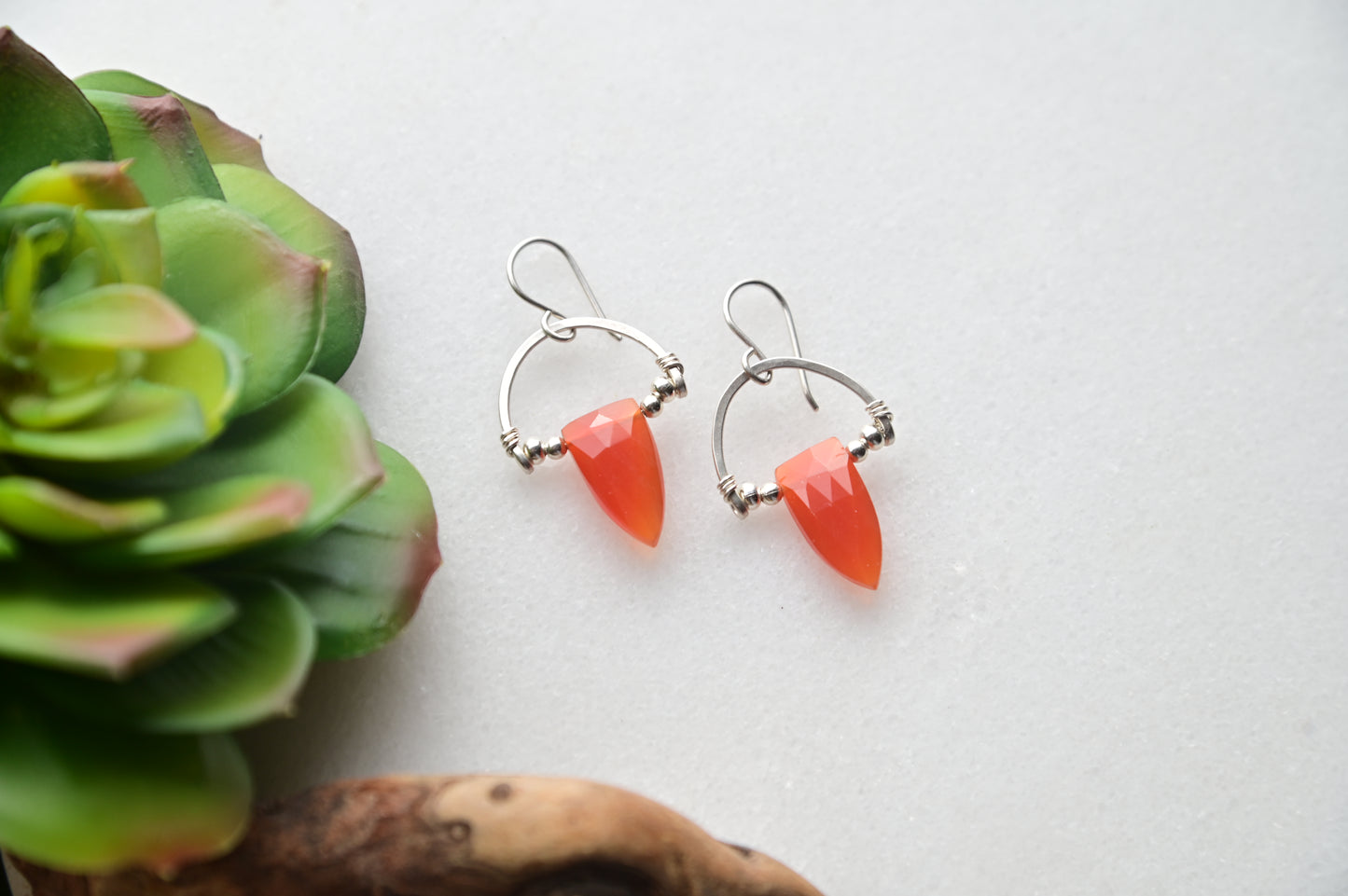 Hammered Hoops: Red Onyx + Silver Earrings