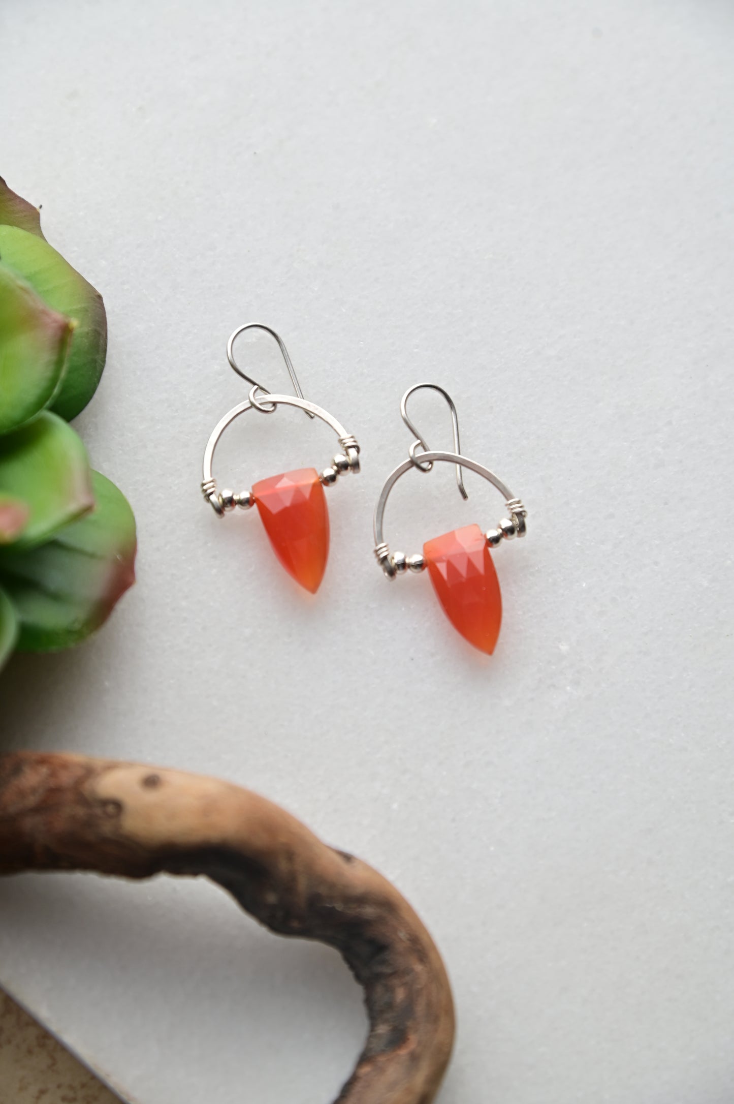 Hammered Hoops: Red Onyx + Silver Earrings