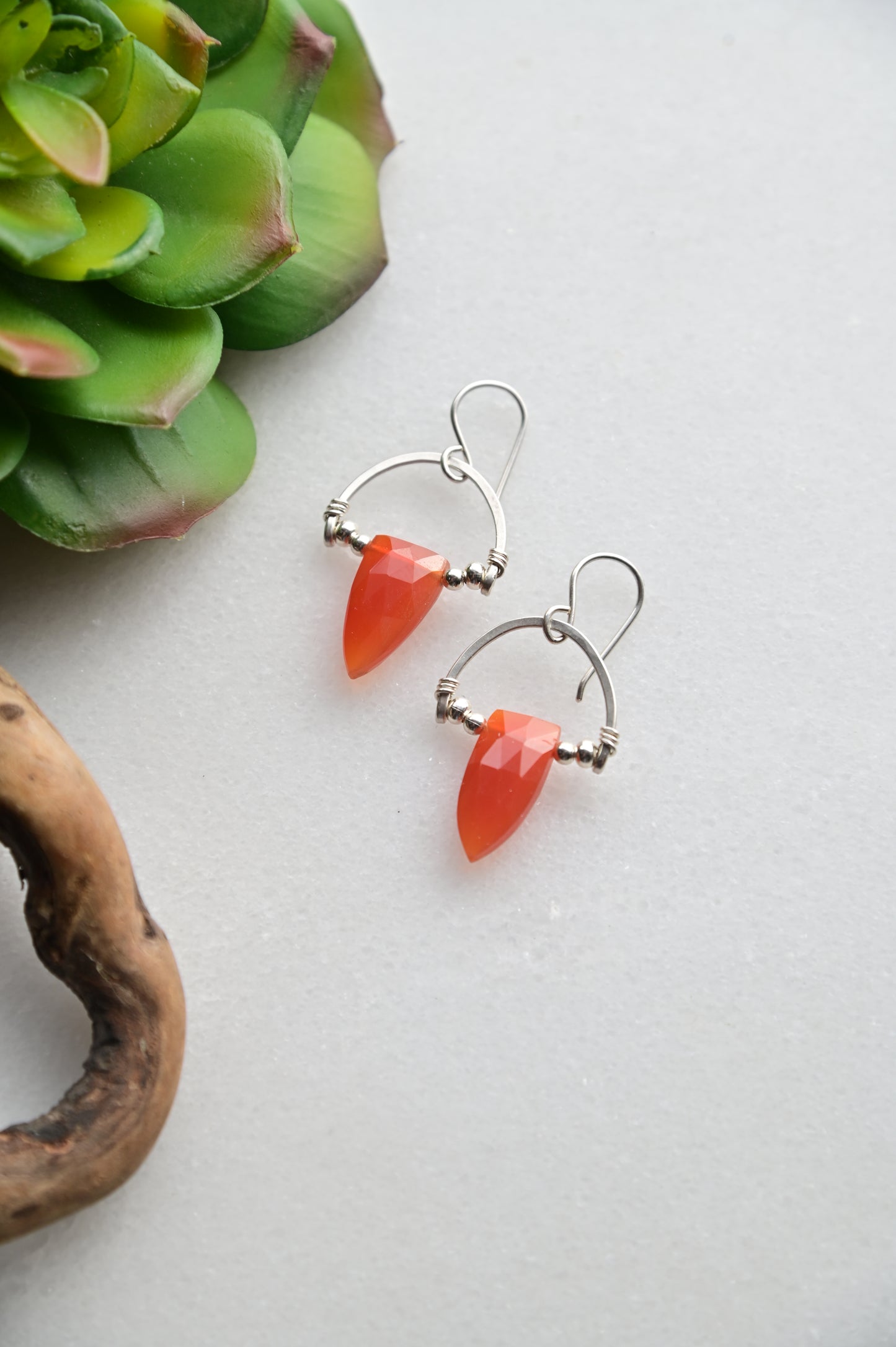 Hammered Hoops: Red Onyx + Silver Earrings