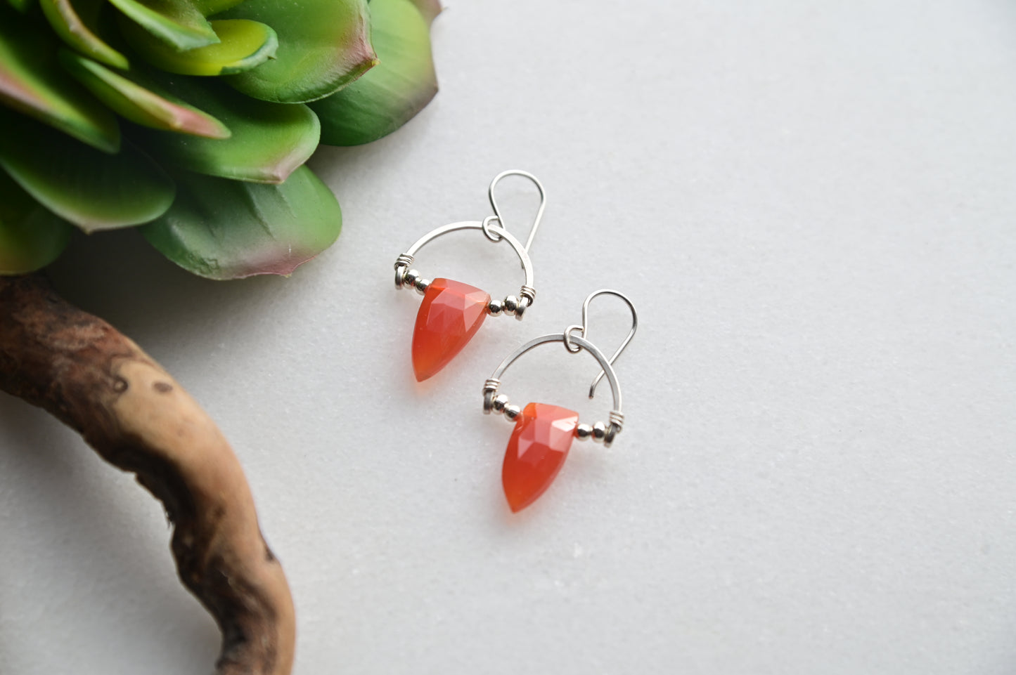 Hammered Hoops: Red Onyx + Silver Earrings