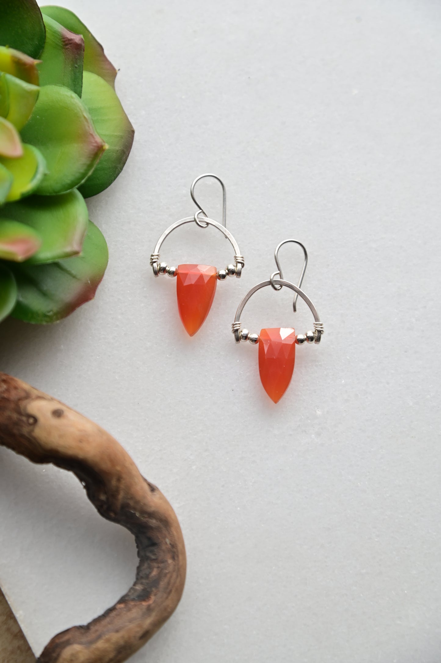 Hammered Hoops: Red Onyx + Silver Earrings