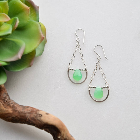 Hammered Hoops: Chrysoprase + Silver Earrings