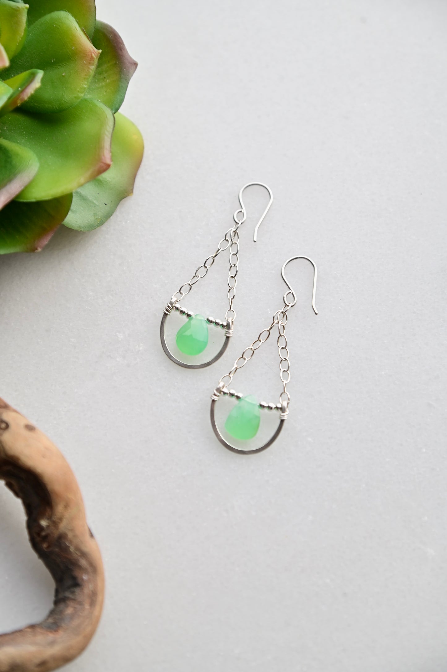 Hammered Hoops: Chrysoprase + Silver Earrings